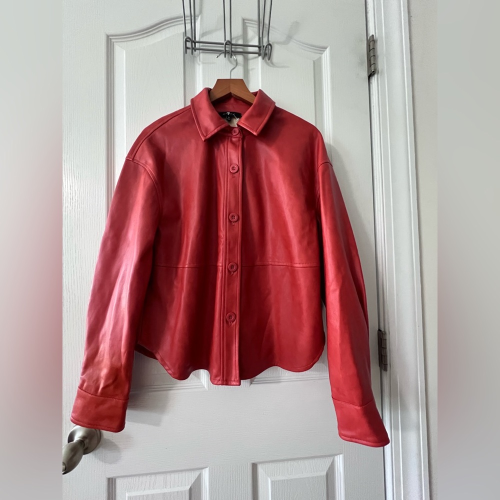 7 For All Mankind Vibrant reddish faux Leather Jacket. Cuffs adjustable